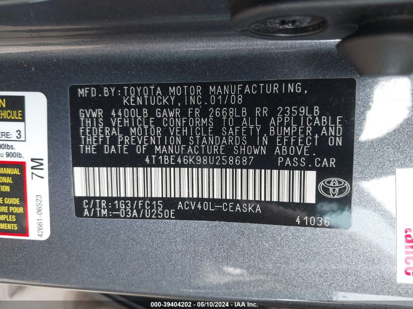2008 Toyota Camry Se VIN: 4T1BE46K98U258687 Lot: 39404202