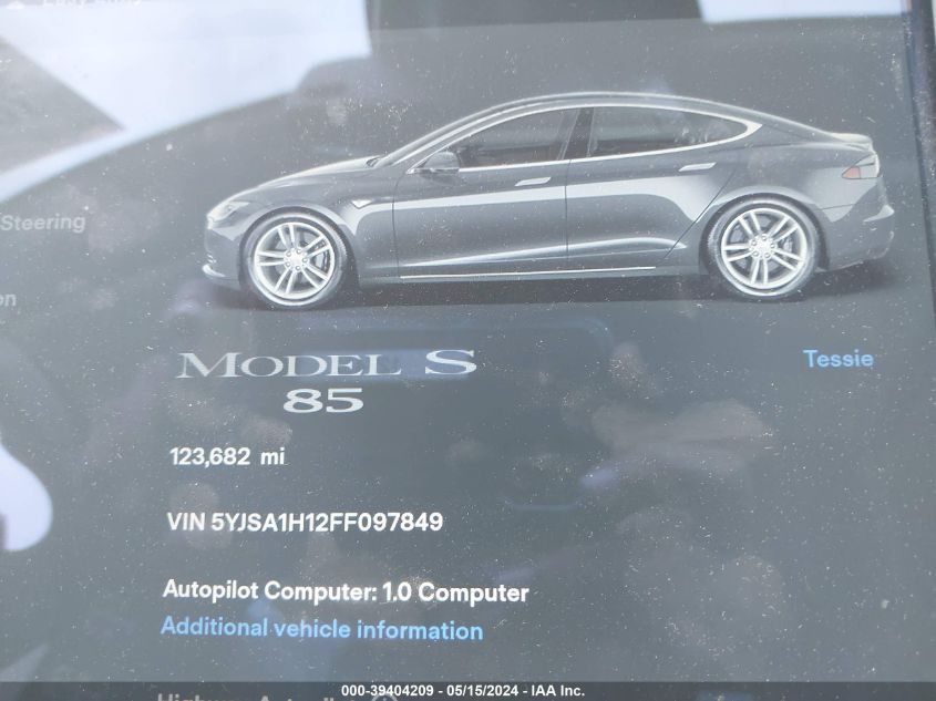 2015 Tesla Model S 60/70/85 VIN: 5YJSA1H12FF097849 Lot: 39404209