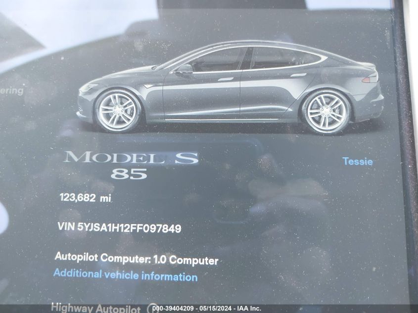 2015 Tesla Model S 60/70/85 VIN: 5YJSA1H12FF097849 Lot: 39404209