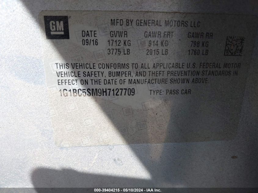 2017 Chevrolet Cruze Ls Auto VIN: 1G1BC5SM9H7127709 Lot: 39404215
