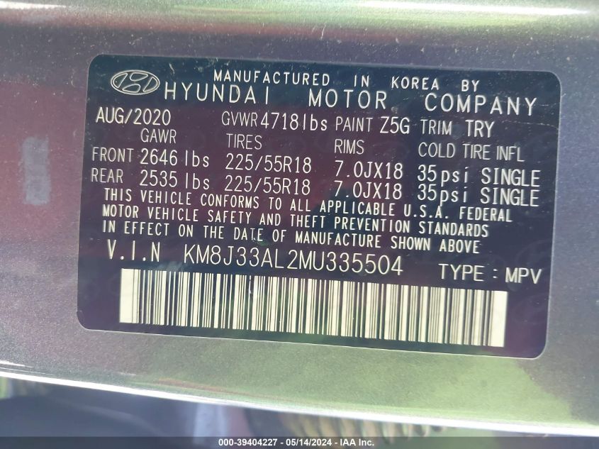 2021 Hyundai Tucson Sel VIN: KM8J33AL2MU335504 Lot: 39404227