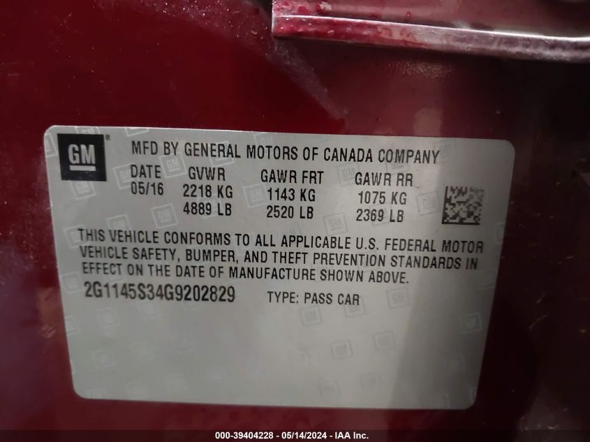 2016 Chevrolet Impala 2Lz VIN: 2G1145S34G9202829 Lot: 39404228