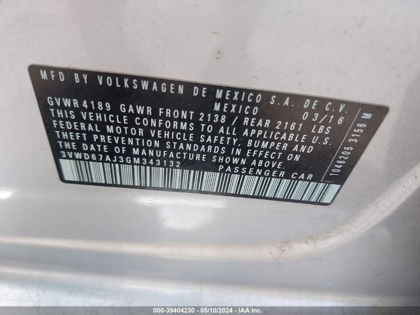 2016 Volkswagen Jetta 1.4T Se VIN: 3VWD67AJ3GM343132 Lot: 39404230