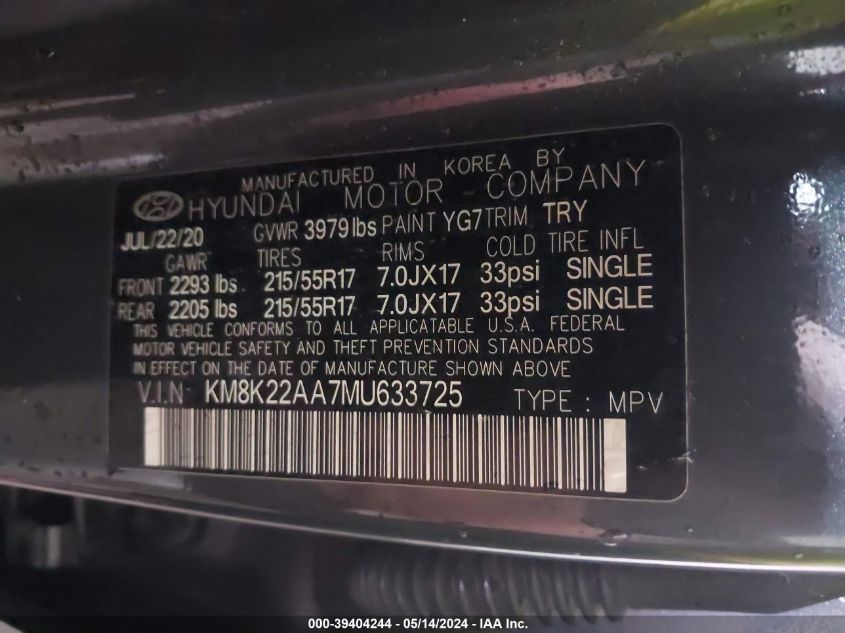 2021 Hyundai Kona Sel VIN: KM8K22AA7MU633725 Lot: 39404244