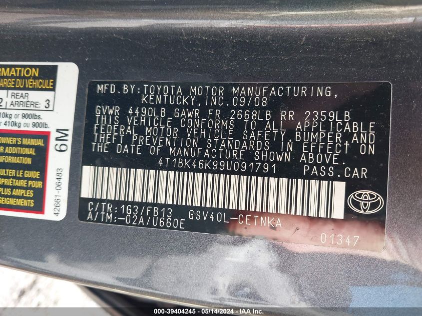 2009 Toyota Camry Le V6 VIN: 4T1BK46K99U091791 Lot: 39404245