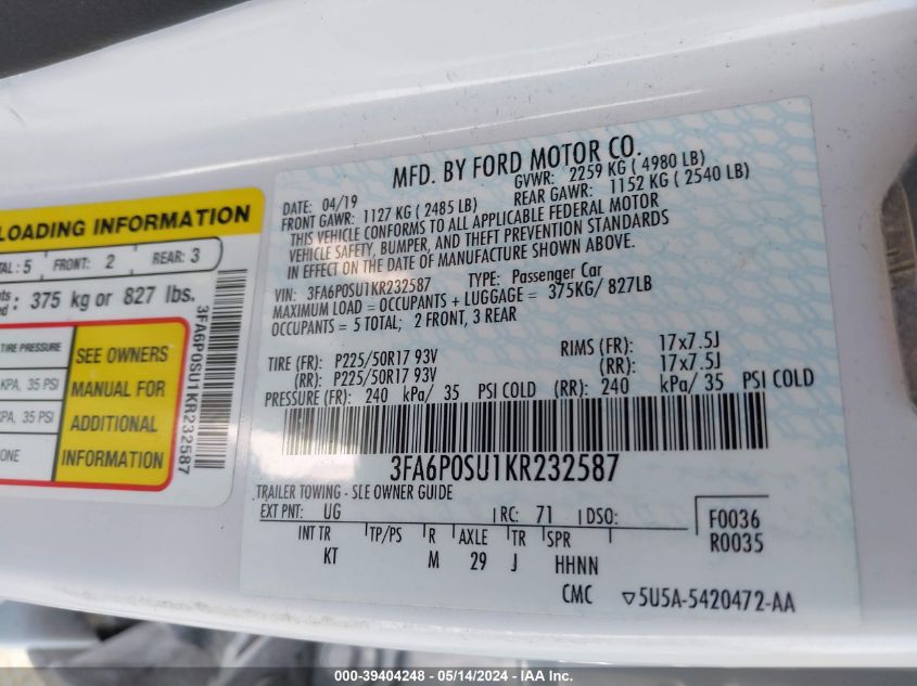 2019 FORD FUSION ENERGI TITANIUM - 3FA6P0SU1KR232587