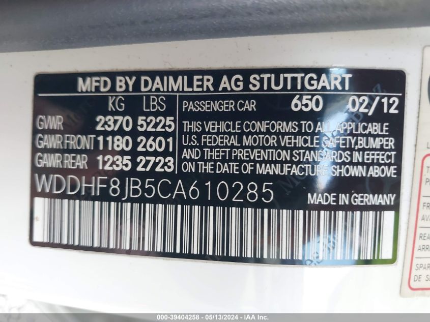 2012 Mercedes-Benz E 350 4Matic VIN: WDDHF8JB5CA610285 Lot: 39404258