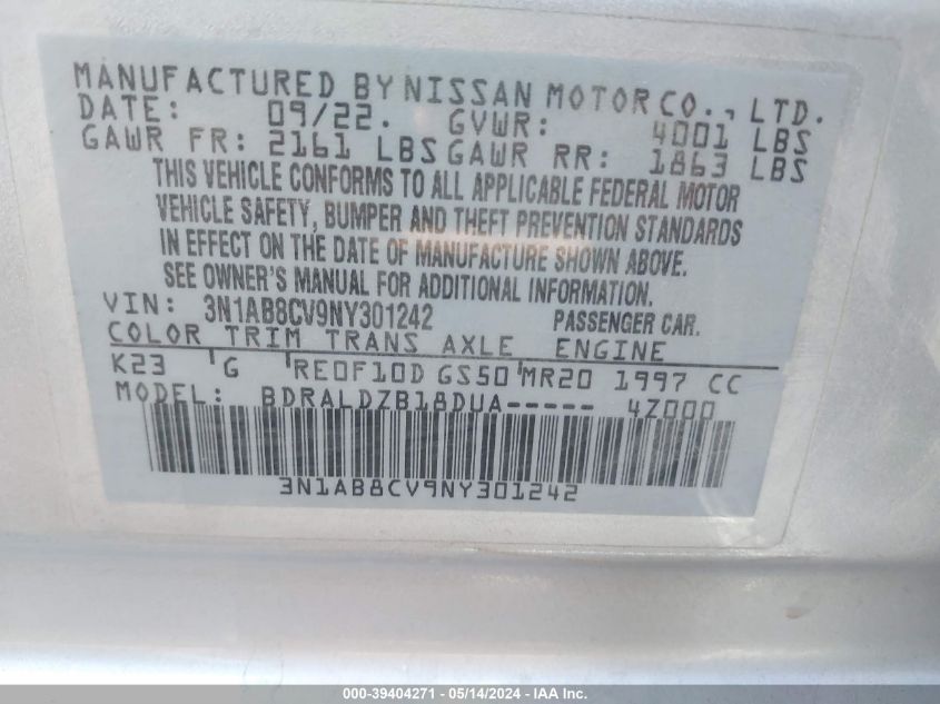 2022 Nissan Sentra Sv Xtronic Cvt VIN: 3N1AB8CV9NY301242 Lot: 39404271