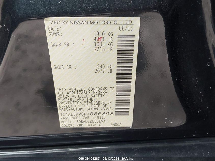 2015 Nissan Altima 2.5/2.5 S/2.5 Sl/2.5 Sv VIN: 1N4AL3AP6FN886898 Lot: 39404287