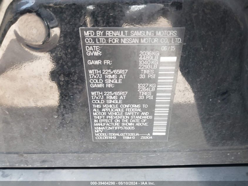 2015 Nissan Rogue Sv VIN: KNMAT2MT1FP576305 Lot: 39404298