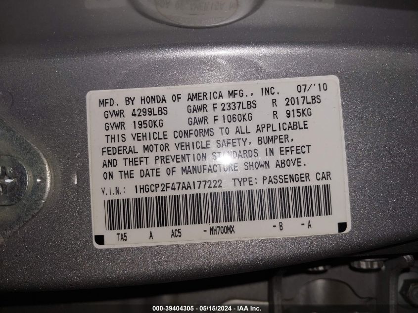 2010 Honda Accord 2.4 Lx-P VIN: 1HGCP2F47AA177222 Lot: 39404305