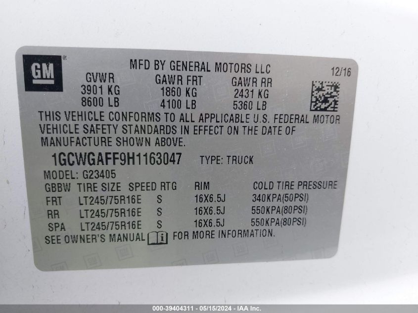 2017 Chevrolet Express 2500 Work Van VIN: 1GCWGAFF9H1163047 Lot: 39404311