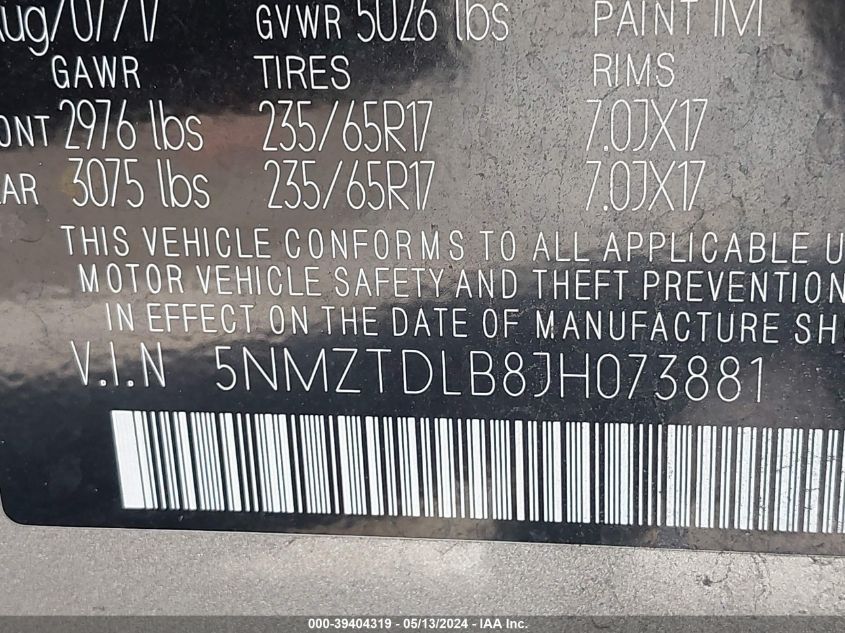 2018 Hyundai Santa Fe Sport 2.4L VIN: 5NMZTDLB8JH073881 Lot: 39404319