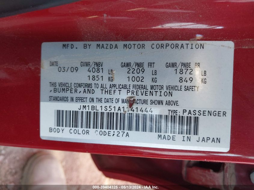 2010 Mazda Mazda3 S Sport VIN: JM1BL1S51A1141444 Lot: 39404325