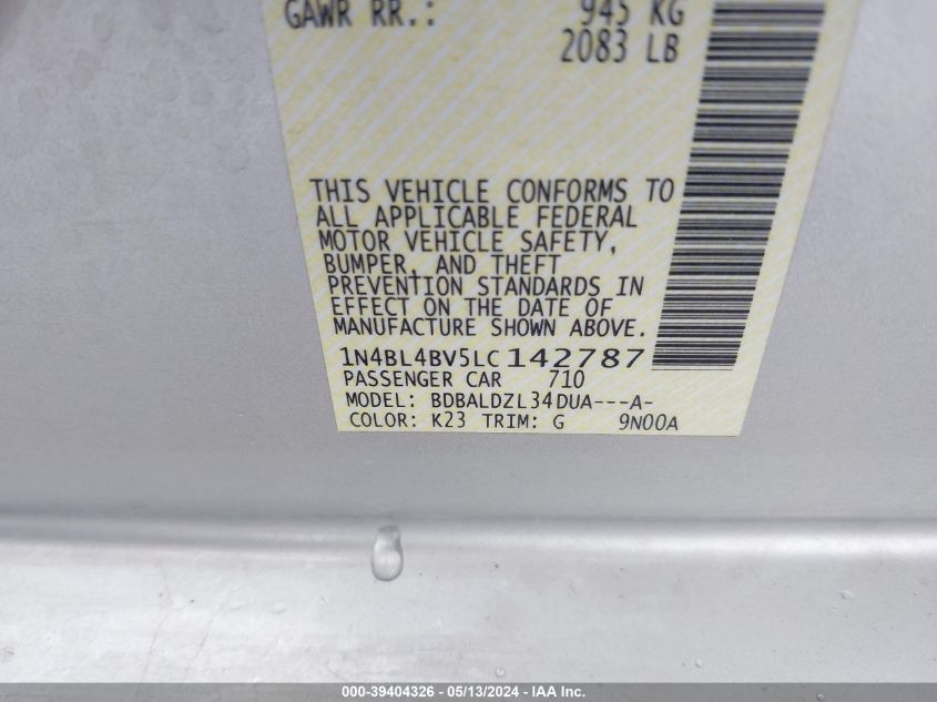 2020 Nissan Altima S Fwd VIN: 1N4BL4BV5LC142787 Lot: 39404326