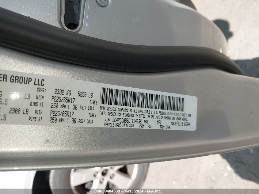 2012 Dodge Journey Se/Avp VIN: 3C4PDCAB6CT134636 Lot: 39404339