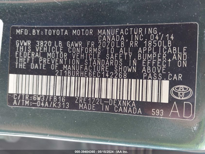 2014 Toyota Corolla Le VIN: 2T1BURHE6EC142268 Lot: 39404360