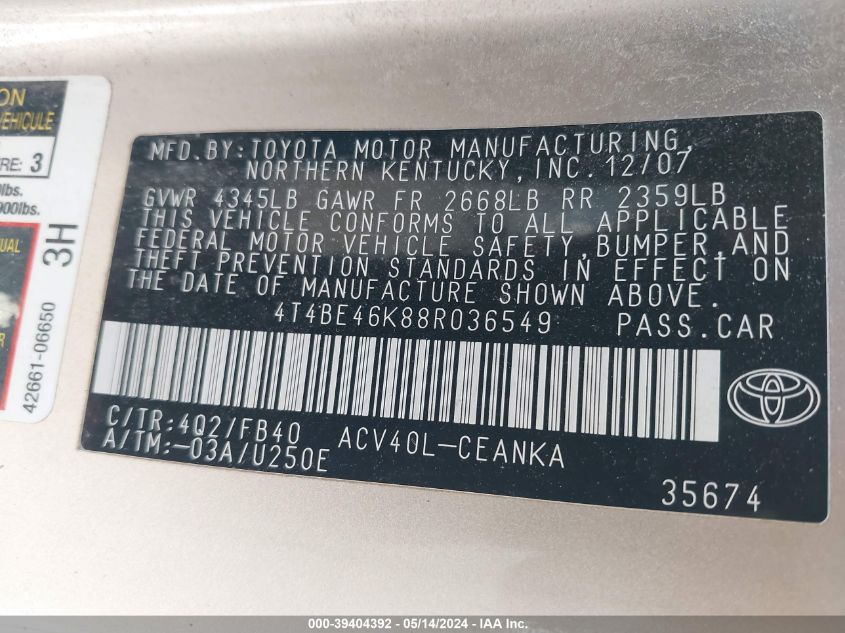2008 Toyota Camry Le/Se/Xle VIN: 4T4BE46K88R036549 Lot: 39404392