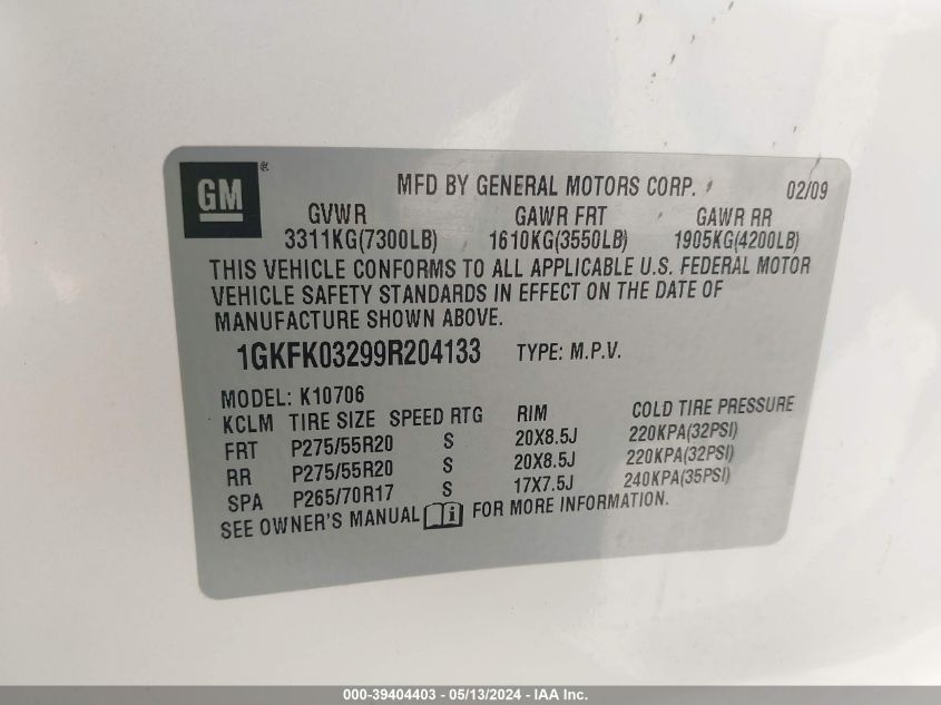 1GKFK03299R204133 2009 GMC Yukon Denali