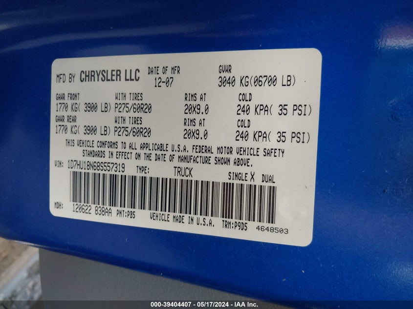 2008 Dodge Ram 1500 Slt VIN: 1D7HU18N68S557319 Lot: 39404407