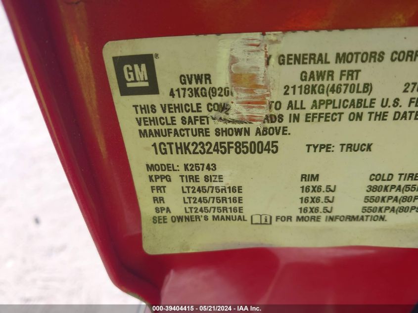 2005 GMC Sierra 2500Hd Slt VIN: 1GTHK23245F850045 Lot: 39404415