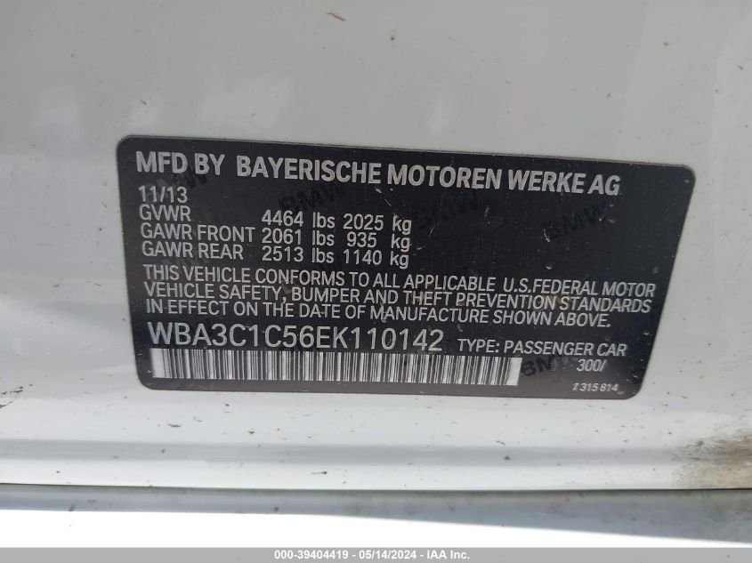 2014 BMW 328I VIN: WBA3C1C56EK110142 Lot: 39404419