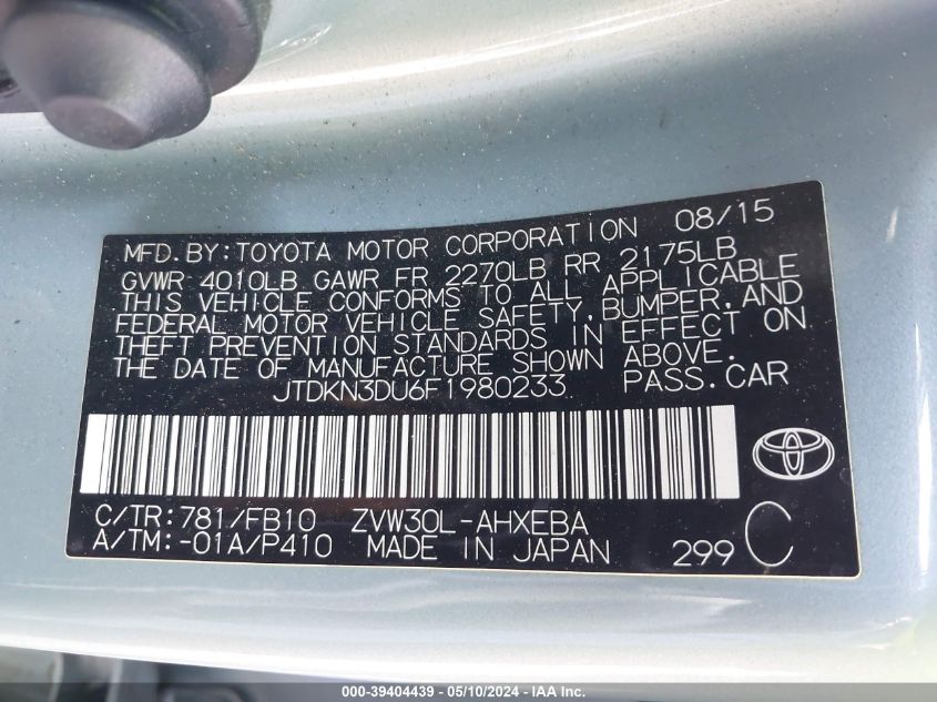 2015 Toyota Prius Two VIN: JTDKN3DU6F1980233 Lot: 39404439