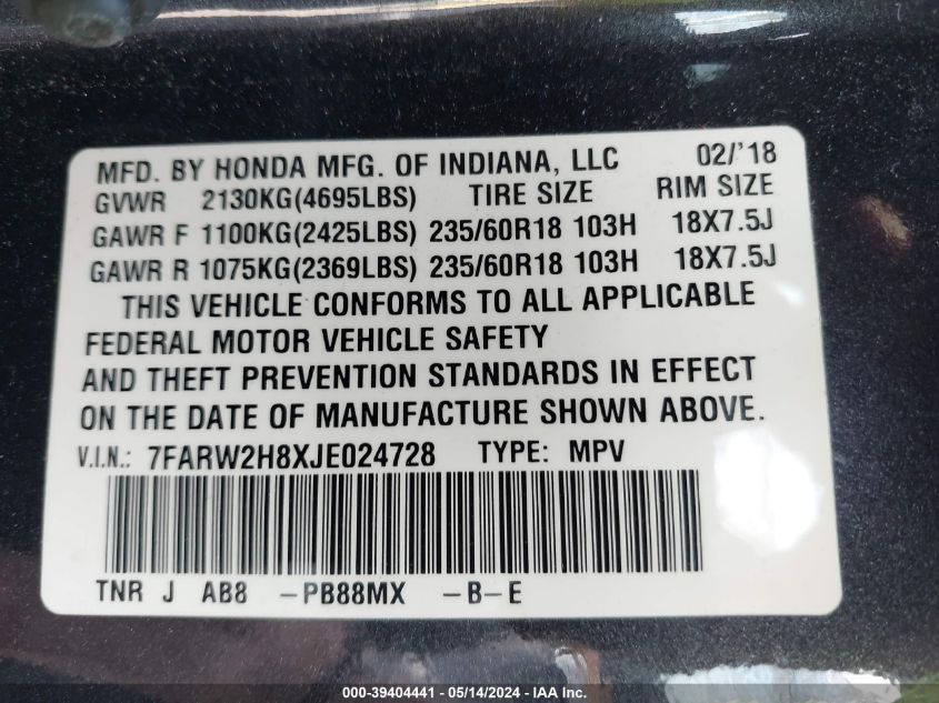 2018 Honda Cr-V Ex-L/Ex-L Navi VIN: 7FARW2H8XJE024728 Lot: 39404441