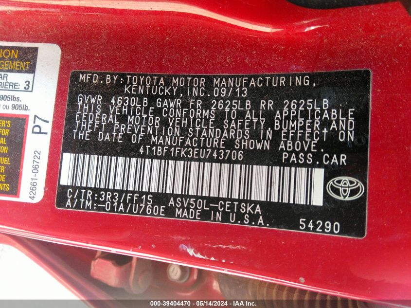 2014 Toyota Camry Se VIN: 4T1BF1FK3EU743706 Lot: 39404470