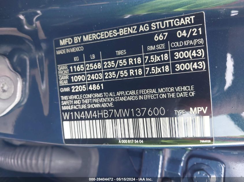 2021 Mercedes-Benz Glb 250 4Matic VIN: W1N4M4HB7MW137600 Lot: 39404472