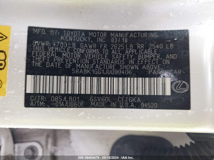 2018 Lexus Es 350 VIN: 58ABK1GG1JU099406 Lot: 39404479