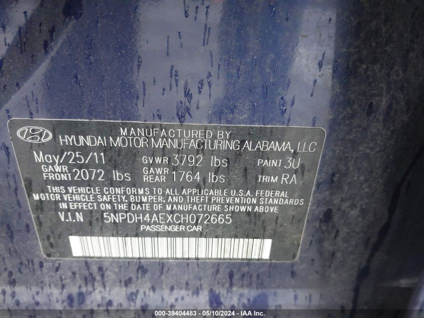 2012 Hyundai Elantra Gls VIN: 5NPDH4AEXCH072665 Lot: 39404483