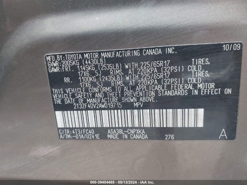 2010 Toyota Rav4 VIN: 2T3ZF4DV2AW019715 Lot: 39404485