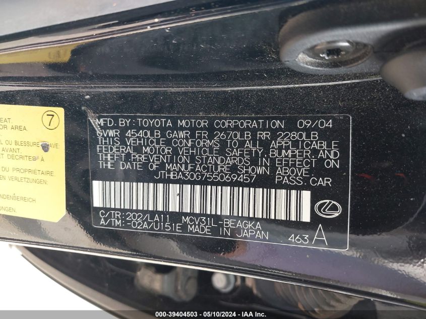 2005 Lexus Es 330 VIN: JTHBA30G755069457 Lot: 39404503