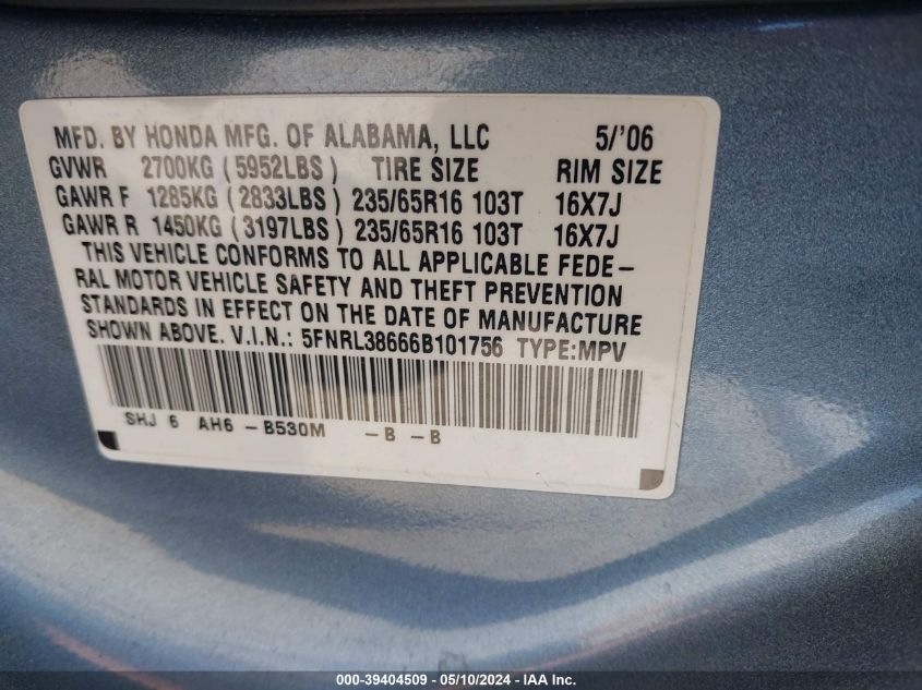 2006 Honda Odyssey Ex-L VIN: 5FNRL38666B101756 Lot: 39404509