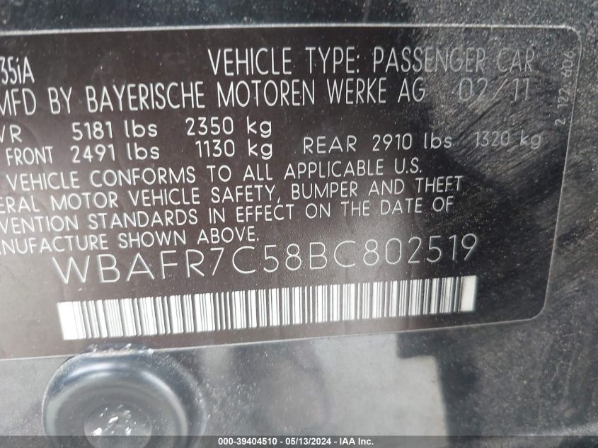2011 BMW 535I VIN: WBAFR7C58BC802519 Lot: 39404510