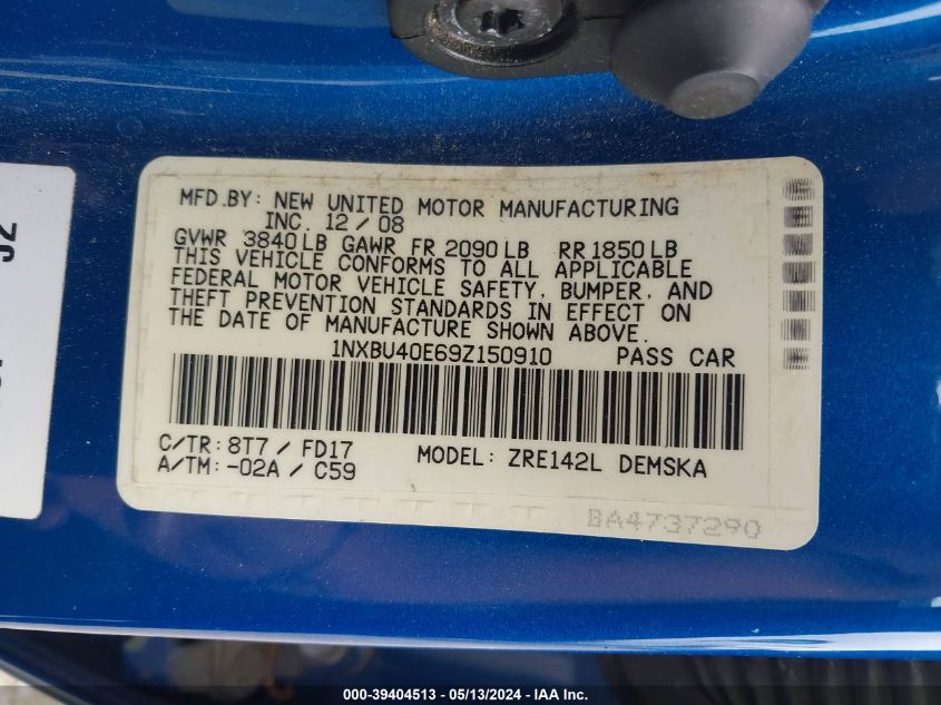 2009 Toyota Corolla S VIN: 1NXBU40E69Z150910 Lot: 39404513