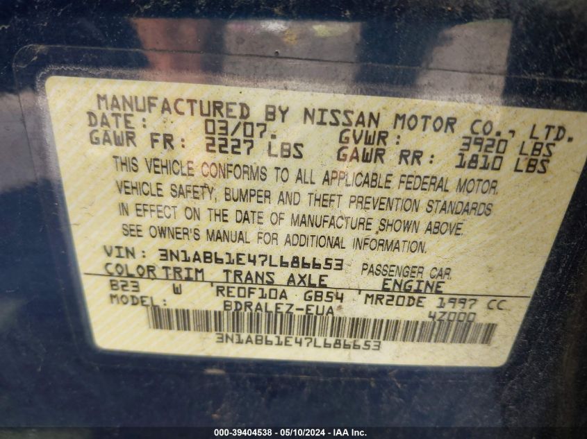 2007 Nissan Sentra 2.0S VIN: 3N1AB61E47L686653 Lot: 39404538