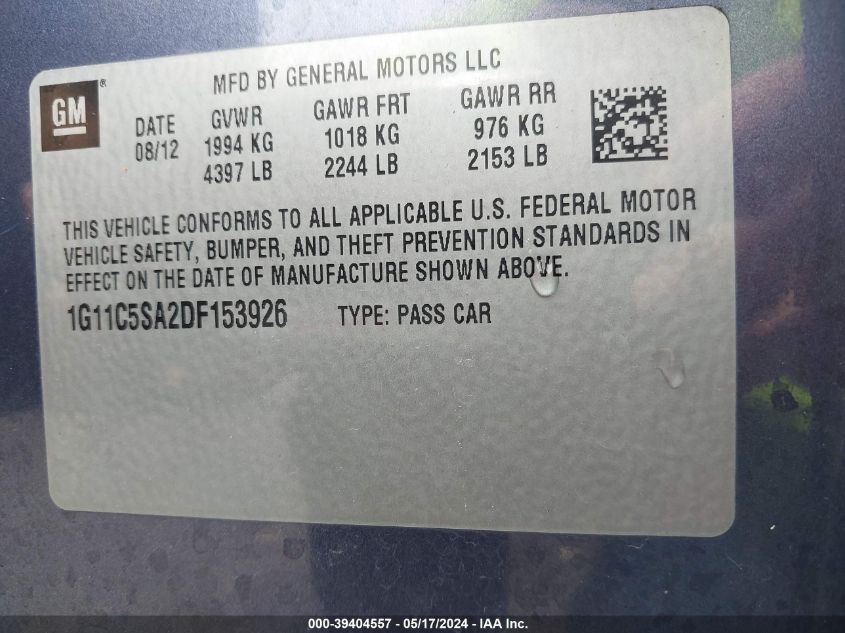 2013 Chevrolet Malibu 1Lt VIN: 1G11C5SA2DF153926 Lot: 39404557