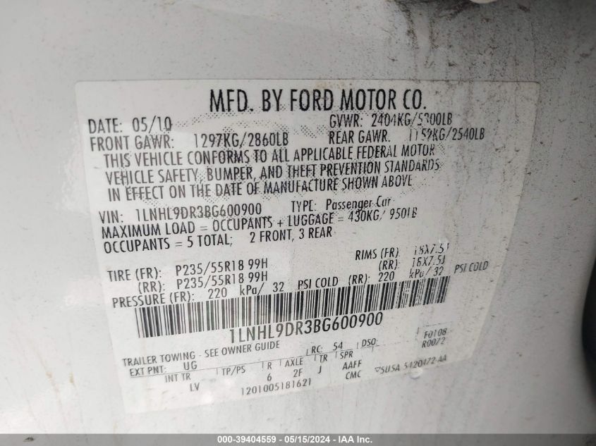 2011 Lincoln Mks VIN: 1LNHL9DR3BG600900 Lot: 39404559