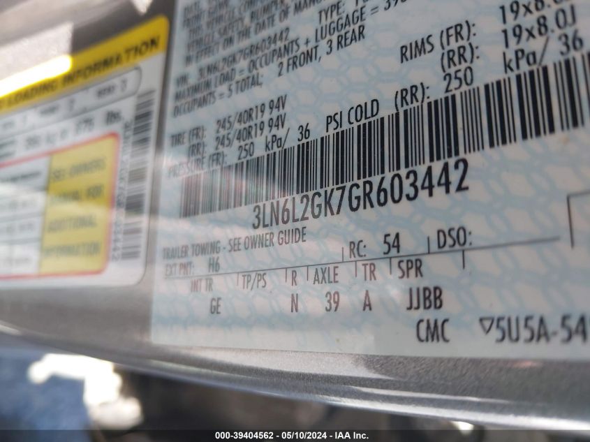 2016 Lincoln Mkz VIN: 3LN6L2GK7GR603442 Lot: 39404562