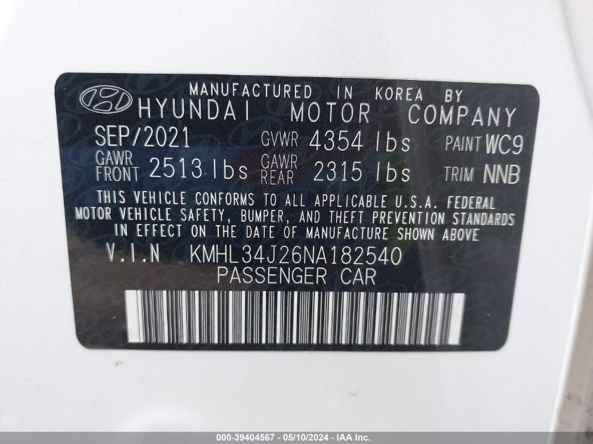 2022 Hyundai Sonata Limited VIN: KMHL34J26NA182540 Lot: 39404567