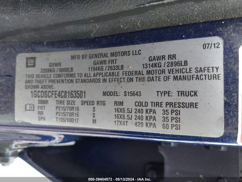 2012 Chevrolet Colorado 1Lt VIN: 1GCDSCFE4C8163501 Lot: 39404572