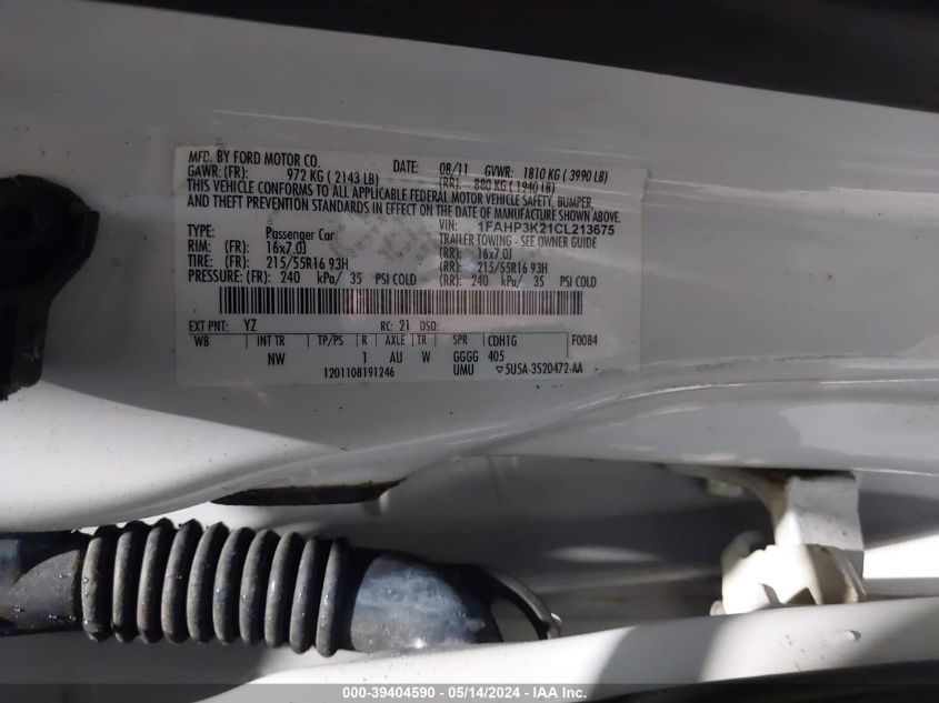 2012 Ford Focus Se VIN: 1FAHP3K21CL213675 Lot: 39404590