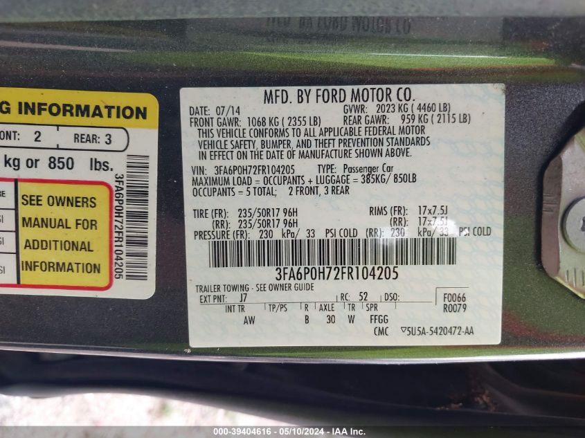 2015 FORD FUSION SE - 3FA6P0H72FR104205