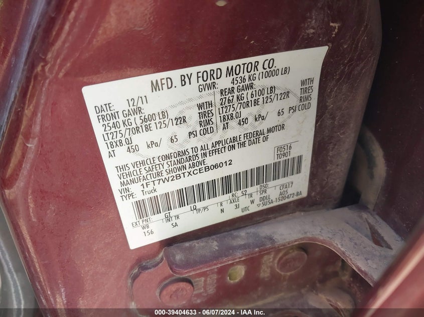 2012 Ford F-250 Lariat VIN: 1FT7W2BTXCEB06012 Lot: 39404633