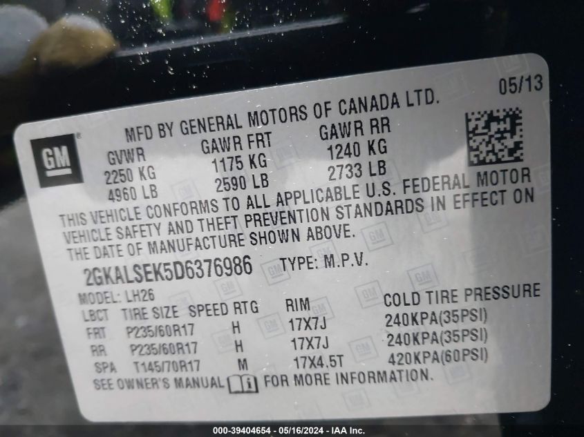 2013 GMC Terrain Sle-2 VIN: 2GKALSEK5D6376986 Lot: 39404654