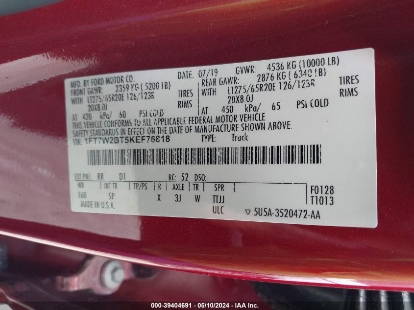 2019 Ford F-250 King Ranch VIN: 1FT7W2BT5KEF76818 Lot: 39404691