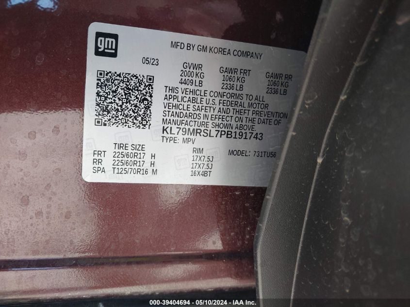 2023 Chevrolet Trailblazer Awd Lt VIN: KL79MRSL7PB191743 Lot: 39404694