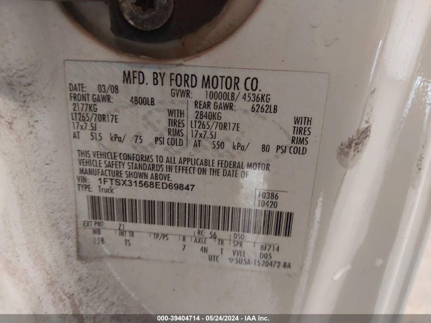 2008 Ford F-350 Fx4/Lariat/Xl/Xlt VIN: 1FTSX31568ED69847 Lot: 39404714